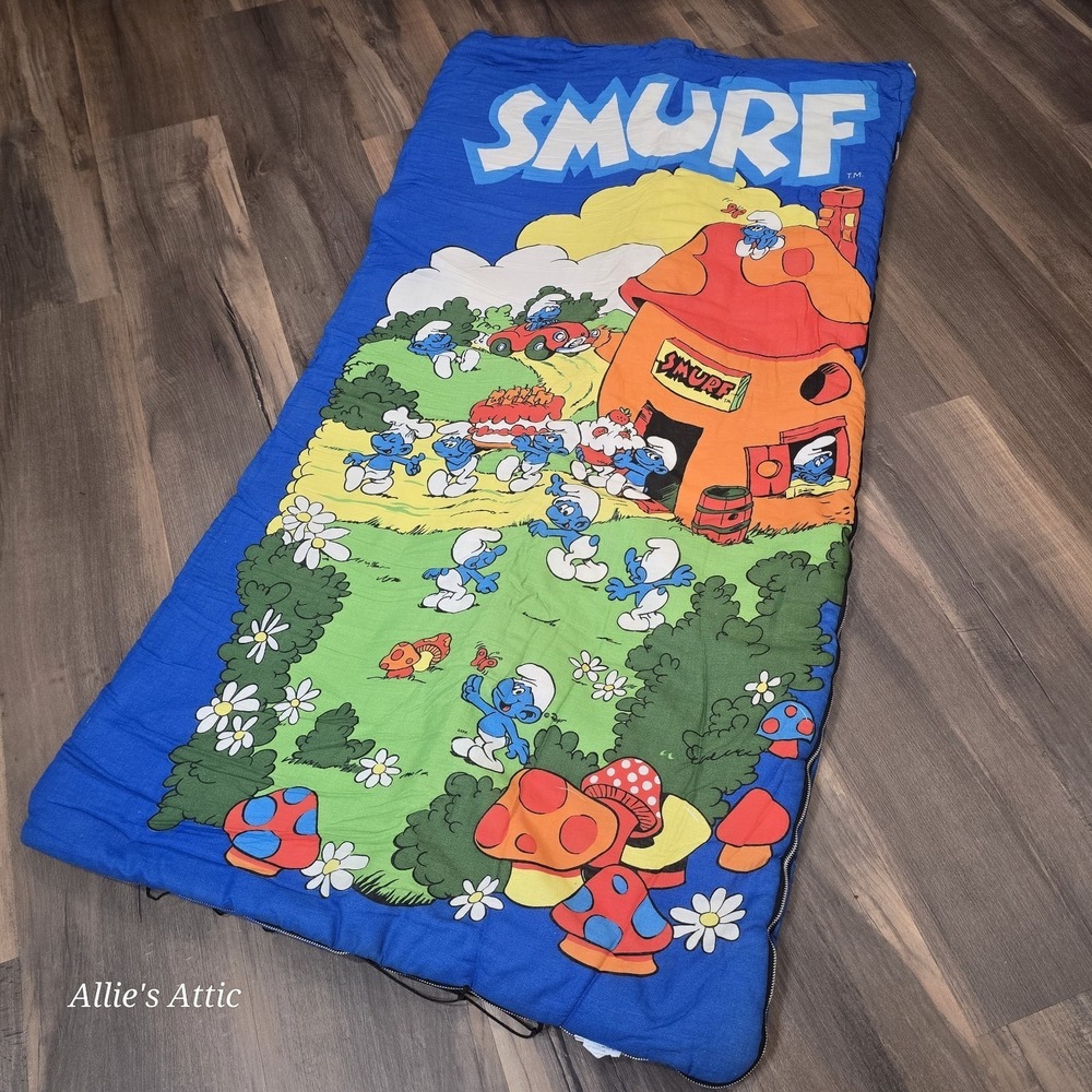 Vintage Smurfs Sleeping Bag Kids Colorful Birthday 1980s Cotton Blue Zip Blanket